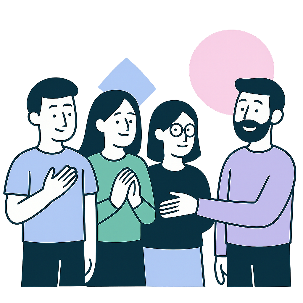 Four friendly community members in harmonious conversation, representing the welcoming and pressure-free nature of our community